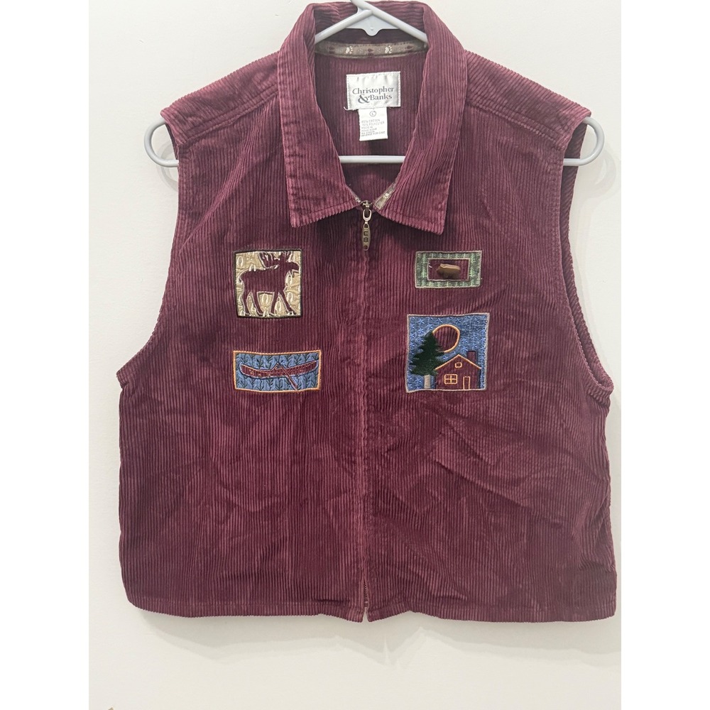 Christopher & Banks Large Vintage Corduroy Vest Maroon Embroidered Cabin Moose